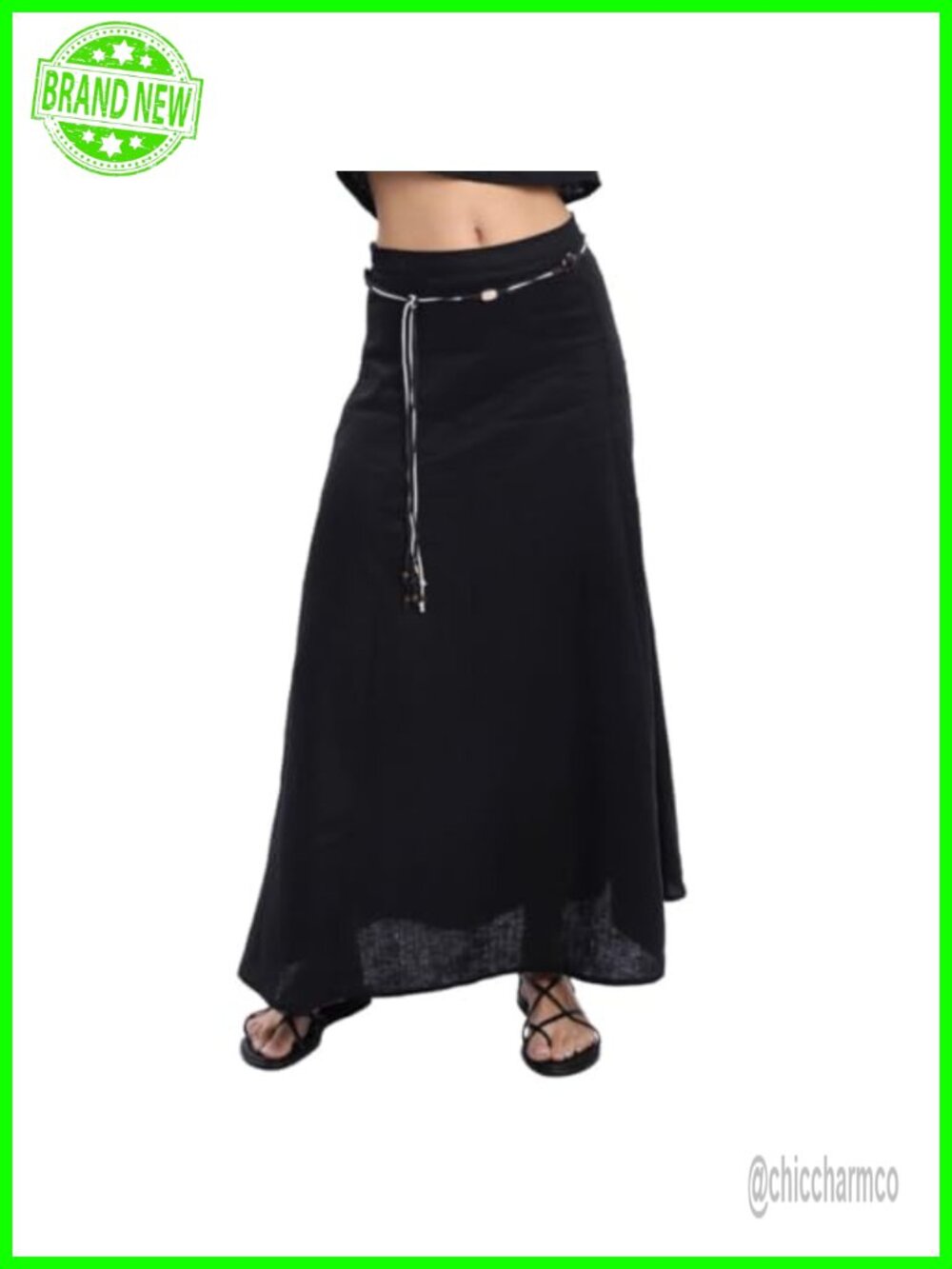 100% Linen Maxi Skirt A-Line High-Rise Belted Summer